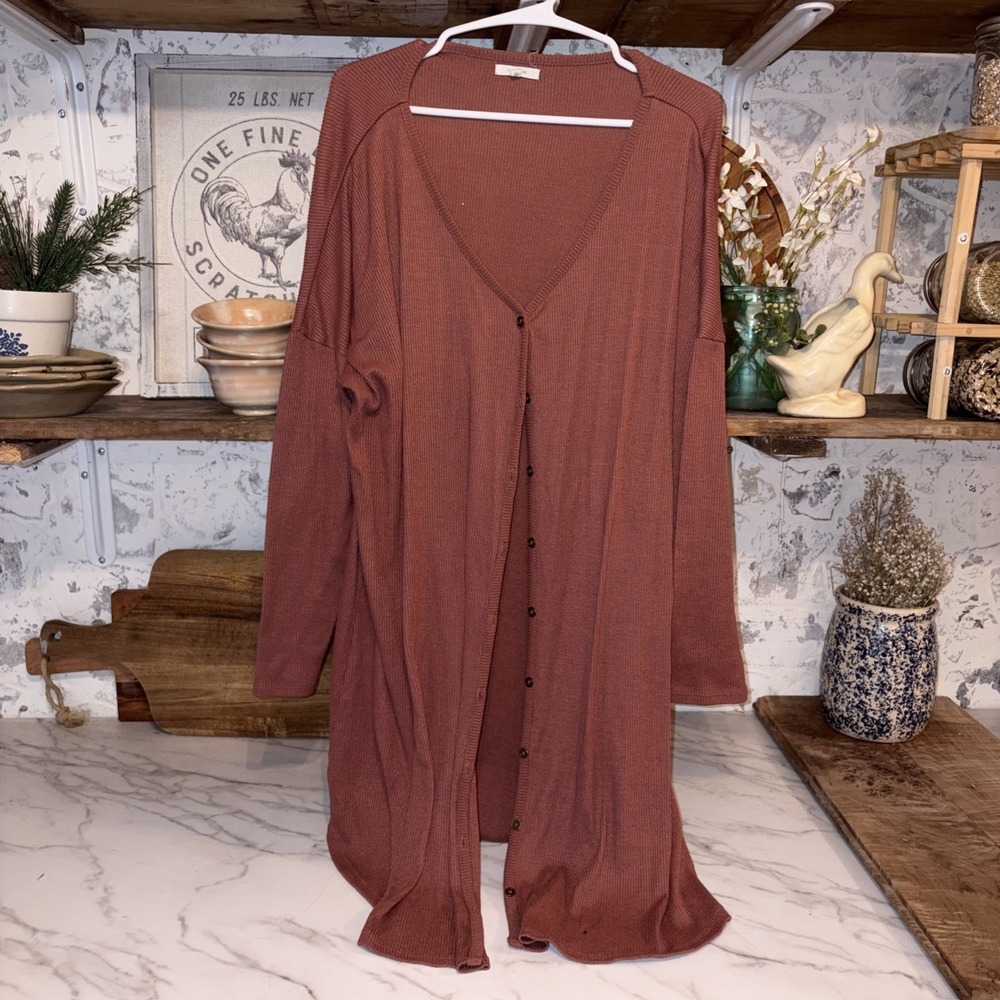 Women's XL Ribbed Duster Cardigan Sweater Mauve Bohemian Cozy